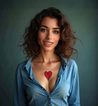 A young woman with her blue denim shirt unbuttoned shows her wide smile and her red heart tattooe

Idioma de palabras clave: English

Palabras clave: young woman, blue denim, denim shirt, unbuttoned s