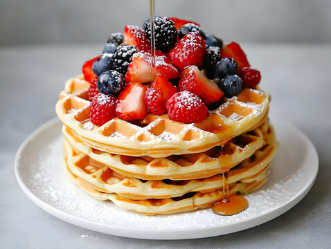 stack of golden waffles topped with fresh mixed berries, powdered sugar, and drizzled with syrup, creating sweet and inviting