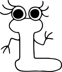 funny roman numeral fifty with eyes with eyelashes and hands looking at camera hand drawn with black lines in grunge style