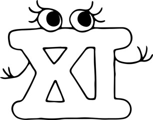 funny roman numeral eleven with eyes with eyelashes spread arms hand drawn with black lines in grunge style