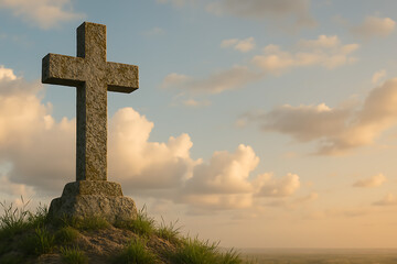 Weathered Stone Cross on Hilltop at Sunset with Cloudy Sky