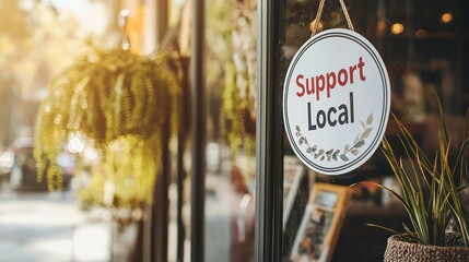 A storefront displaying "Support Local" stickers on the glass window.