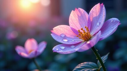 Fototapeta premium Serene Sunrise Dew-Kissed Petals of a Pink Flower Basking in Golden Light