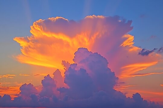 Majestic colorful cumulus clouds are seen during a vibrant sunset