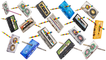 a collection of Old music magnetic cassette and wooden pencil on white background