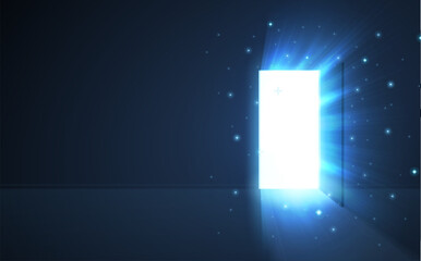 Open door with abstract light on blue background. Digital gateway, virtual doorway.