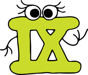 funny roman yellow numeral nine with eyes with eyelashes looking at camera in surprise raising one hand hand drawn with black lines in grunge style