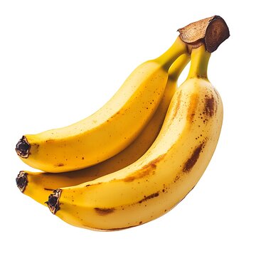 Three ripe bananas are shown against a bright white background