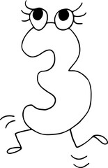 funny jumping number three drawn with black lines in grunge style with eyes with eyelashes and legs