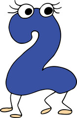 funny blue number two drawn with black lines in grunge style with eyes with eyelashes and four legs