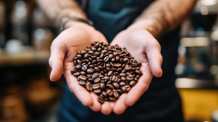 A barista holding a handful of medium roast coffee beans, highlighting their rich brown color and slight oiliness
