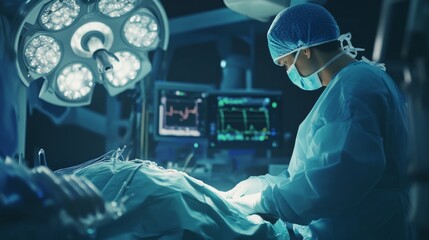 A next gen AI powered robotic surgeon, performing a complex heart surgery in a high-tech operating room, futuristic medical center