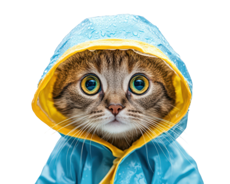 cat wearing tiny raincoat, looking ready for storm, with bright eyes and curious expression. raincoat is blue with yellow accents, showcasing playful and adorable vibe