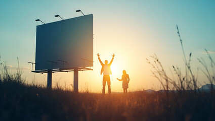 Photo realistic as Silhouette of a person and a billboard symbolizing outdoor advertising in double exposure with copy space. concept as A silhouette of a person blended with a billboard representing 
