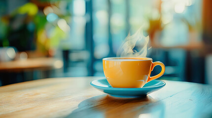 Steaming hot drink in a yellow mug on a table at a bright cafe shop