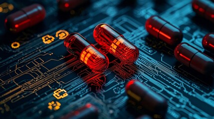 Red Capsules on Circuit Board: Digital Healthcare Concept