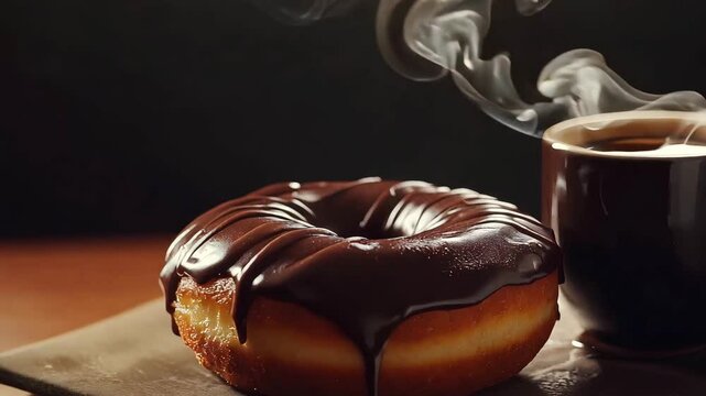 Rich chocolate glazed donut alongside a steaming cup of coffee. Perfect for a cozy morning or an afternoon treat, this pairing is sure to satisfy cravings