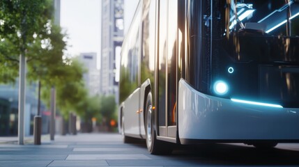 A next gen AI powered self driving bus, navigating through city streets in a futuristic urban environment, advanced public transportation system