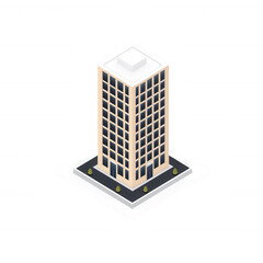 Isometric view of a modern office building with glass windows and a flat roof, surrounded by landscaped area, isolated on a white background for clarity and focus.
