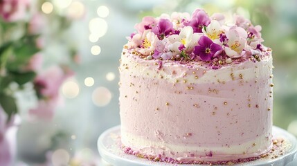 A fluffy vanilla sponge cake covered in smooth pastel pink frosting, topped with edible flowers and gold sprinkles, set against a soft blurred background