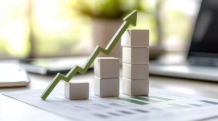 Business Growth Concept with Green Arrow and Stacked Blocks on Office Desk