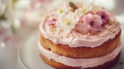 A fluffy vanilla sponge cake covered in smooth pastel pink frosting, topped with edible flowers and gold sprinkles, set against a soft blurred background