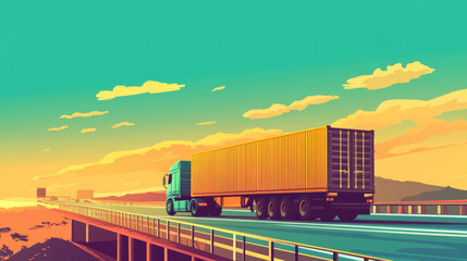 retro-style illustration of a container truck driving on a highway, warm vivid color palette