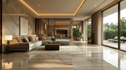 Luxury Living Room With Modern Design And Marble Floor. Elegant Interior With Natural Light And Garden View.