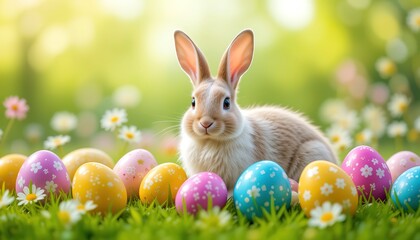Cute Easter bunny and Easter eggs on green grass field spring meadow, 32k Image