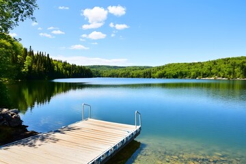 Lake pier view, calm water, green forests, blue sky, sunny day