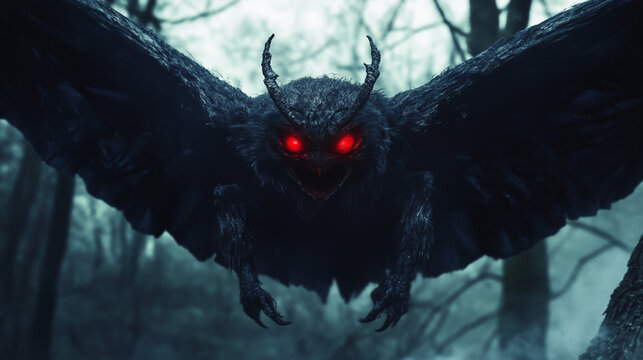 terrifying black mothman with red eyes- scary halloween creature, detailed dark winged monster