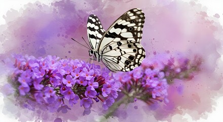 Naklejka premium Elegant Butterfly on Purple Blossom with Watercolor Effect