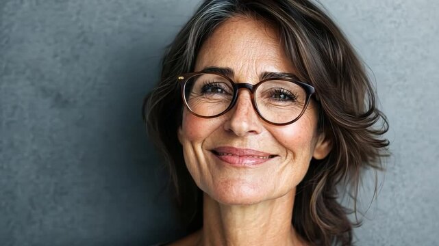Portrait of a confident middle-aged woman with glasses, smiling gently, showcasing natural beauty and wisdom in a relaxed and warm atmosphere