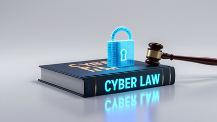 Book with title Cyberlaw on a table./ gavel with a book copy space editable abstract background 