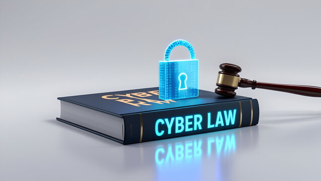Book with title Cyberlaw on a table./ gavel with a book copy space editable abstract background 