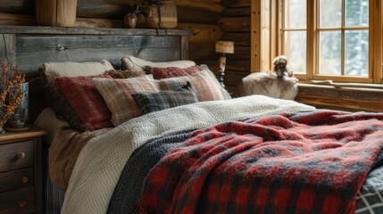 Comfortable bed with a rustic wood headboard, pillows, and blankets in warm tones. Ideal for illustrating cozy home interiors or cabin getaway advertisements.