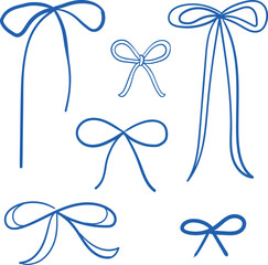 Vector hand-drawn collection of decorative bows in blue color