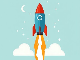 A cartoon rocket ship is launching upwards into the starry sky