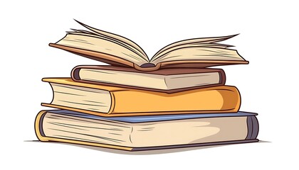 An open book sits atop a stack of hardcover books