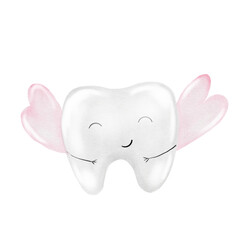 Baby tooth watercolor. Cute cartoon molar with crown on isolated white background. Dental clip art. Ideal for cards and invitations to the party baby's first tooth, posters in the doctor's office