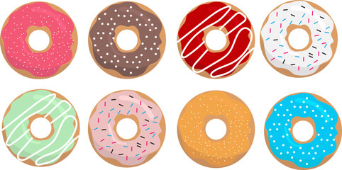 Glazed donuts. Sweet doughnuts. Set of glazed desserts isolated on white background. Top view of birthday pastries. Chocolate confectionery. Flat design