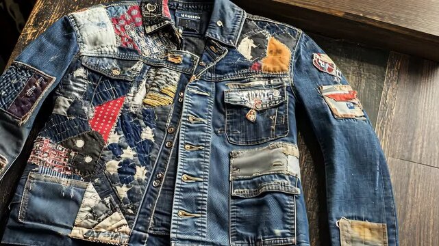Discover a beautifully crafted patchwork denim jacket highlighted by colorful fabrics and meticulous stitching. This unique design emphasizes creativity and style in a captivating way