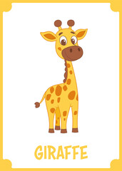 Cute cartoon giraffe with brown spots and ears with a long neck on a bright yellow and black background. Animal concept for kids.