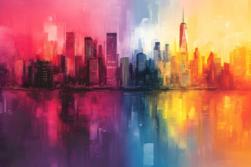 Obraz premium An artistic painting of a cityscape at dusk reflecting on water