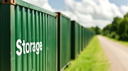 Fototapeta premium Secure Green Storage Containers Line a Country Path Outdoors Ideal for Secure Storage Solutions