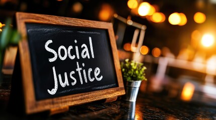Social Justice Chalkboard Sign on a Table in a Cafe A concept image for equality human rights