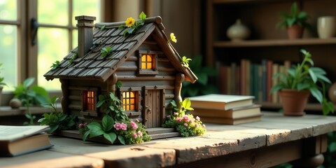 Enchanted Miniature Log Cabin with Illuminated Windows, Nestled Among Blooming Flowers on Rustic Wooden Table