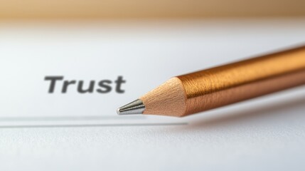Golden Pencil Poised Above the Word Trust on White Paper Concept of Reliability Confidence