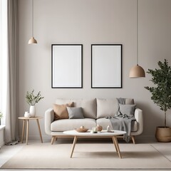 Modern Beige Living Room Interior with Blank Frames