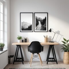 Minimalist Home Office Workspace with Black and White Mountain Prints